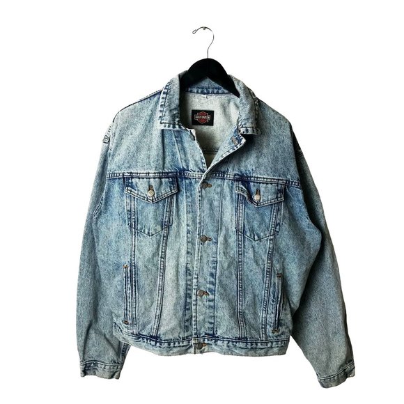 90s Vintage Harley Davidson Motorcycles Adult Extra Large Blue Denim Jacket XL - Picture 2 of 16